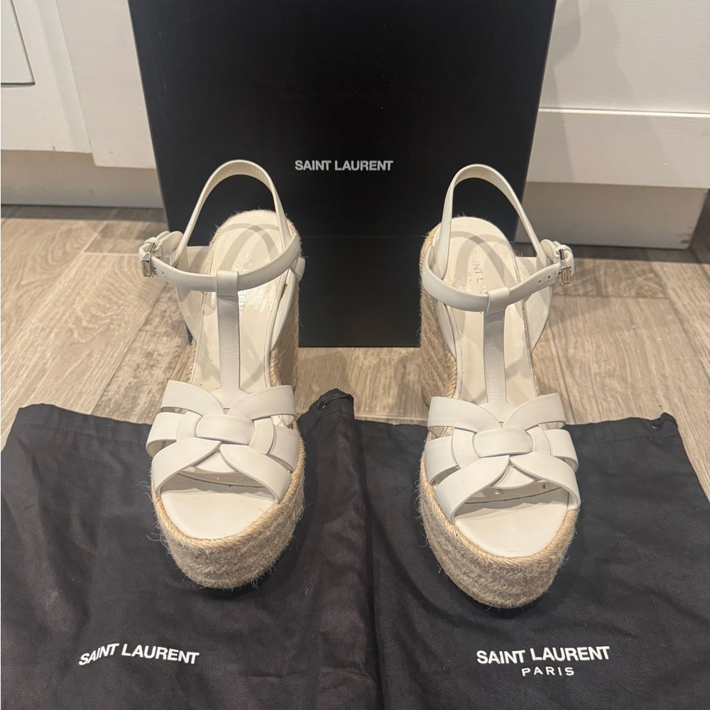 Saint Laurent White Leather Espadrille Wedge Sandals Size 38